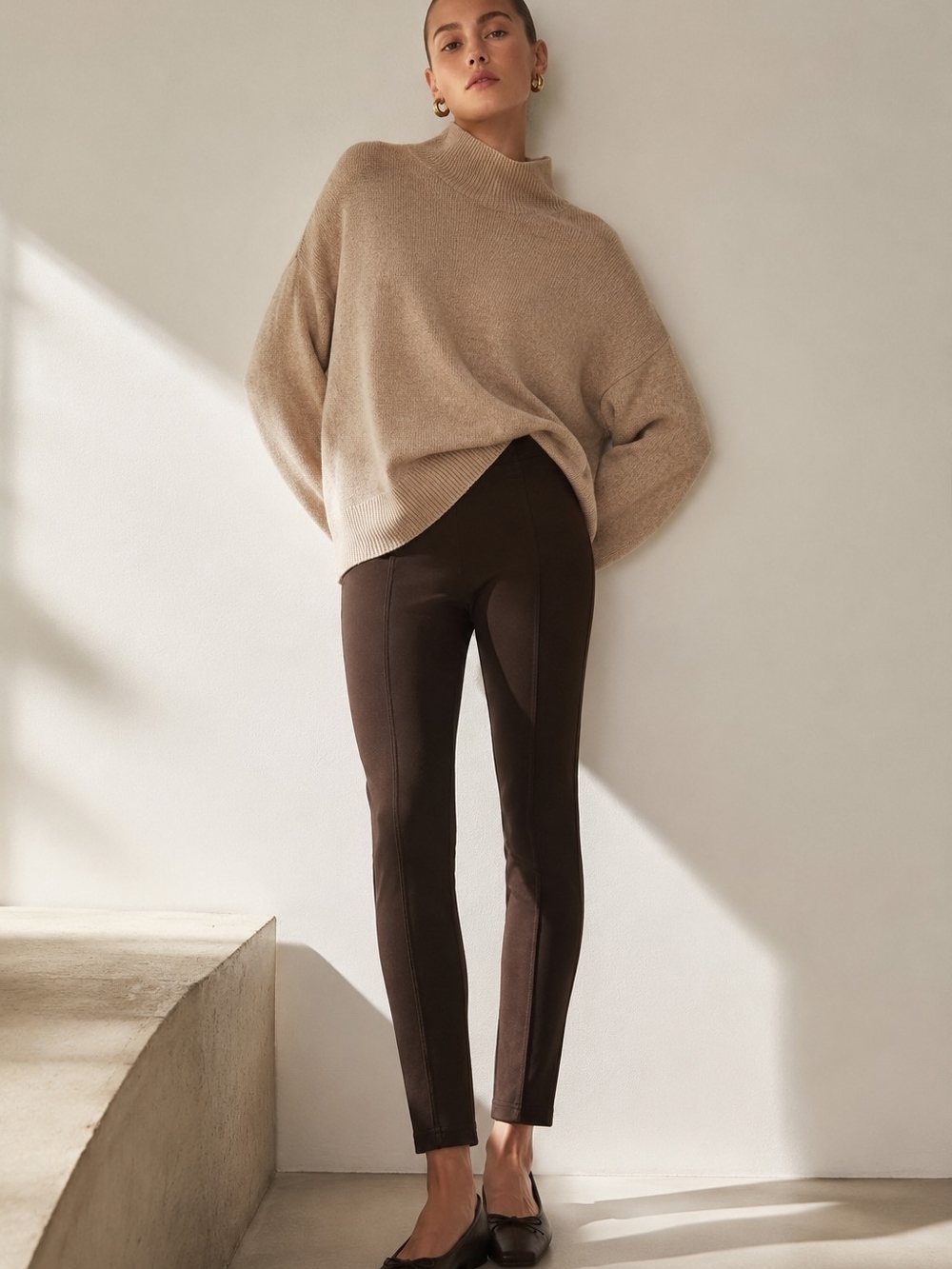 Brown Ponte Knit Pull On Pants Quiet Luxury Minimalist Academia Capsule Wardrobe